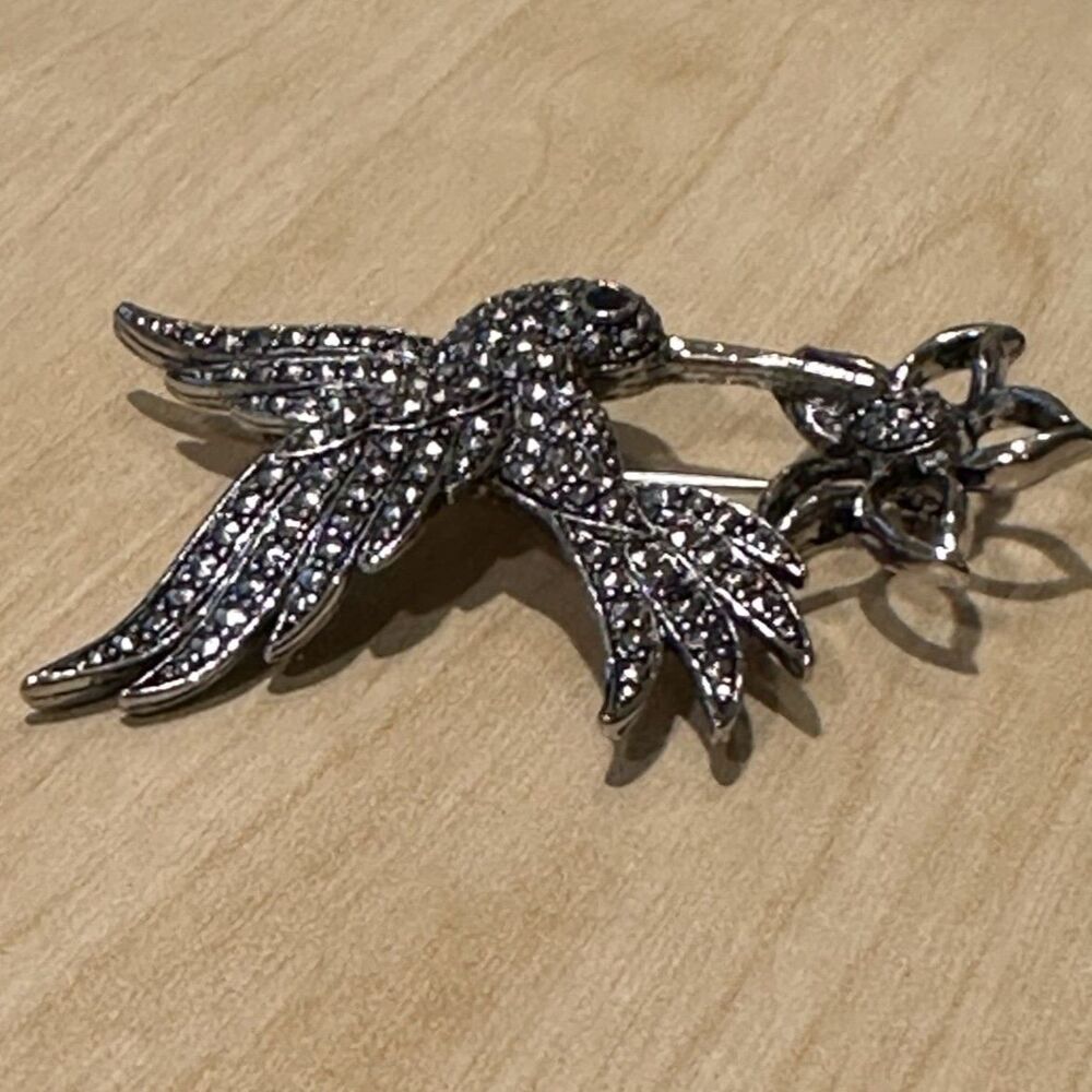 Vintage Marcasite Hummingbird Flower Brooch Pin Silver Tone Pave